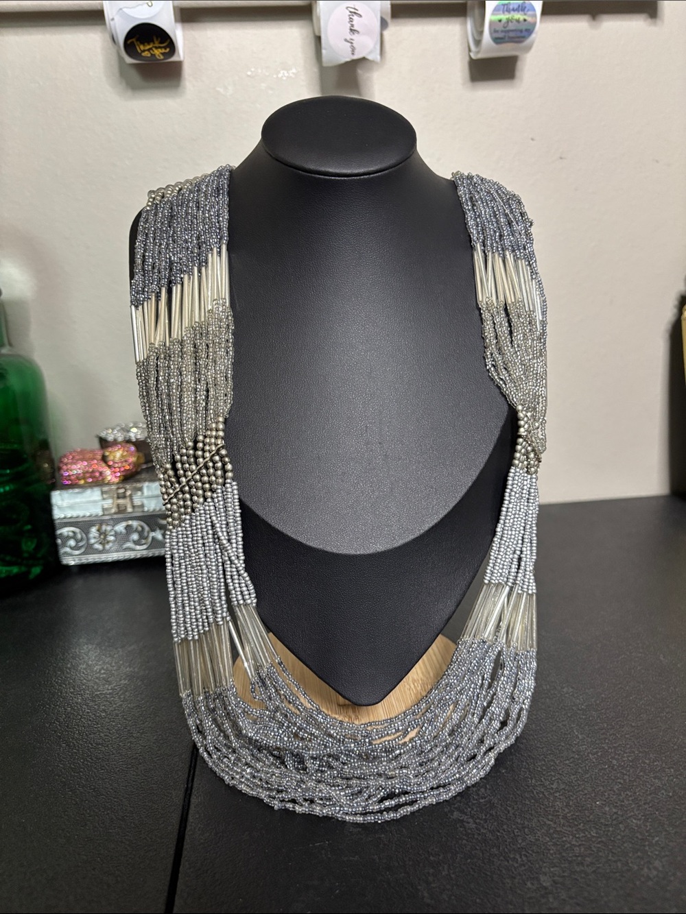 Loft Silver Multi-Strand Seed Bead Necklace Glass Tube Accents Statement Elegant